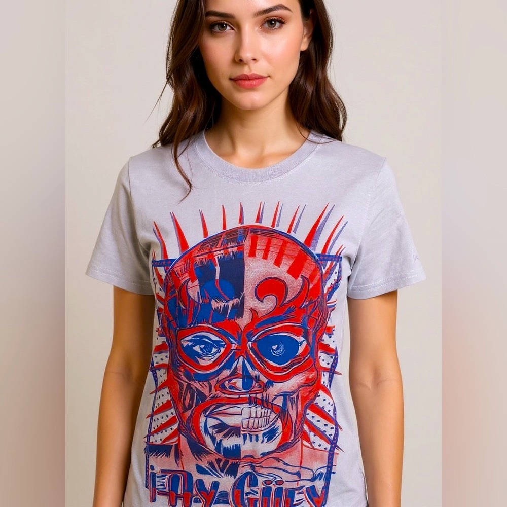 Ay Guey light purple skull graphic Tshirt Size XS cotton spandex red blue Mexico